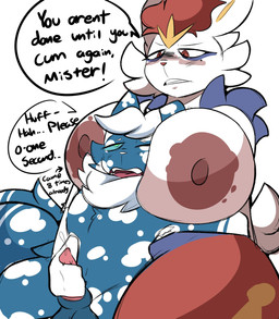 animal_genitalia anthro areola balls big_areola big_breasts blotchy_areola blue_body blue_fur bodily_fluids breasts cheek_tuft darkened_balls darkened_genitalia darkened_sheath dialogue dominant dominant_female duo eyelashes facial_tuft female fluffy fluffy_tail fur genital_fluids genitals handjob handjob_from_behind head_between_breasts huge_breasts interspecies larger_female long_eyelashes male male/female mature_female mole_under_eye neck_tuft nipples non-mammal_nipples overstimulation penile precum sex sheath size_difference smaller_male spots tail text tuft white_body white_fur spicykiwi nintendo pokemon charlotte_(spicykiwi) cinderace generation_6_pokemon generation_8_pokemon lagomorph mammal meowstic meowstic_(male) pokemon_(species) english_text hi_res