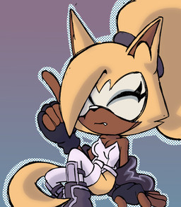 anthro blonde_hair boots breasts brown_body clothing eyelashes eyes_closed facial_markings fangs female fingerless_gloves footwear gesture gloves hair hand_gesture handwear head_markings leotard markings mask_(marking) one_fang ponytail raised_finger raised_index_finger shoes solo teeth cosmicseternity idw_publishing sega sonic_the_hedgehog_(comics) sonic_the_hedgehog_(idw) sonic_the_hedgehog_(series) whisper_the_wolf canid canine canis mammal wolf 2026 absurd_res hi_res