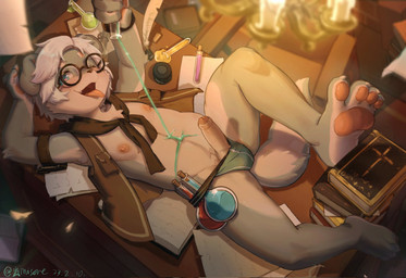 4_toes anthro blue_eyes blush book chandelier cheek_tuft claws clothed clothing countershading document erection eyebrow_scar eyebrows eyewear facial_scar facial_tuft feet flask floppy_ears foreskin fur furniture genitals glasses green_body green_fur hair heart_eyes heart_symbol high-angle_view humanoid_genitalia humanoid_penis inside jockstrap jockstrap_down light_body looking_at_viewer loose_feather lying male naughty_face nipples on_back on_table one_eye_closed one_leg_up open_clothing open_mouth open_topwear orange_pawpads paper partially_retracted_foreskin pawpads paws penis pose quill raised_leg round_glasses scar shota solo spilling table toe_claws toes tongue tongue_out topwear tuft underwear white_eyebrows white_hair young qftalorz bible canid canine canis domestic_dog mammal hi_res signature