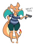 anthro barefoot blue_wings bottomwear breasts cleavage clothed clothing feet female gun hand_on_hip handgun holding_gun holding_object holding_ranged_weapon holding_weapon orange_body orange_skin pants pattern_clothing pistol ranged_weapon shirt shorts simple_background slightly_chubby slightly_chubby_anthro slightly_chubby_female solo standing striped_clothing stripes tail text topwear weapon white_background wings aimbot-jones delet_this mythology nintendo pokemon valentina_(aimbot-jones) charizard dragon generation_1_pokemon mythological_creature mythological_scalie pokemon_(species) scalie 2019 english_text meme