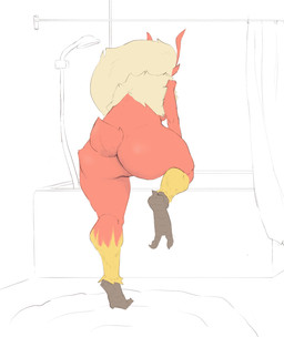 2_toes anthro avian_feet bathtub big_butt breasts brown_body brown_scales butt claws feathers feet female hair nude rear_view red_body red_feathers rug scales short_tail shower shower_curtain shower_head soles solo tail tail_tuft talons tan_hair thick_thighs toe_claws toes tuft underfoot y-dactyl yellow_body yellow_feathers itisd9 nintendo pokemon blaziken generation_3_pokemon pokemon_(species) colored_sketch hi_res sketch