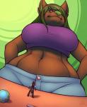 anthro belly big_breasts black_hair bottomwear breasts brown_body brown_fur clothed clothing detailed_navel duo female female_anthro fur furniture gentle_giant green_eyes green_hair green_nose hair larger_anthro larger_female long_hair looking_down looking_up low-angle_view macro macro_anthro macro_female male male_anthro micro micro_anthro micro_male micro_on_table midriff navel on_table shirt shorts size_difference smaller_anthro smaller_male smile standing table topwear wide_hips sweetcreamfizz canid canine canis mammal wolf 2013 hi_res