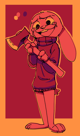 ambiguous_gender anthro axe barefoot biped bodily_fluids border buckteeth clothed clothing color_swatch crying feet head_tuft holding_object holding_weapon insane melee_weapon open_mouth open_smile orange_border red_background simple_background smile solo standing sweater tears teeth topwear tuft weapon fuel_(artist) disney zootopia violet_hopps lagomorph leporid mammal rabbit 2019 hi_res restricted_palette