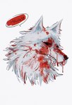 anthro blood blood_on_face bodily_fluids dripping_blood fluffy fur fuzzy grin heart_symbol male red_eyes showing_teeth simple_background smile solo speech_bubble white_background white_body white_fur laonarou dreamworks puss_in_boots_(franchise) death_(puss_in_boots) canid canine canis mammal wolf hi_res portrait