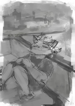 anthro eyewear glasses leaning male messy painterly simple_background smile solo tail key_rooki felid feline mammal character_request hi_res monochrome sketch