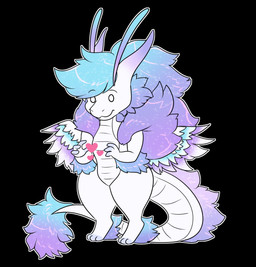 anthro black_background blue_hair chibi closed_smile empty_eyes feathered_wings feathers featureless_crotch female hair horn mouth_closed multicolored_hair nude purple_hair scales simple_background smile solo standing tail tail_tuft tuft two_tone_hair white_body white_eyes white_scales wings tiggybloom mythology dragon mythological_creature mythological_scalie scalie 2018 full-length_portrait hi_res portrait