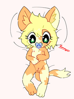 anthro bed black_nose blonde_hair butt clitoris eyelashes female flat_chested fur furniture genitals green_eyes hair humanoid_genitalia humanoid_vulva looking_at_viewer lying markings multicolored_body multicolored_fur neonate nipples nude object_in_mouth on_back on_bed orange_body orange_ears orange_fur orange_inner_ear orange_tail pacifier pacifier_in_mouth pillow pink_nipples pink_vulva short_hair solo tail two_tone_body two_tone_fur two_tone_tail vulva yellow_body yellow_ears yellow_fur yellow_tail young young_anthro young_female conditional_dnp xammyxx lenny_(xammyxx) domestic_cat felid feline felis mammal 2026 3:4 digital_media_(artwork) flat_colors hi_res ibispaint_(artwork) signature watermark