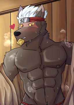 abs accessory anthro athletic athletic_anthro athletic_male burn_scar clothing condom condom_in_mouth hair headband headgear male markings mouth_hold multicolored_body muscular muscular_anthro muscular_male nipples object_in_mouth pecs scar sexual_barrier_device solo undressing white_hair dragokaizer666 lifewonders tokyo_afterschool_summoners tadatomo_(tas) canid canine canis domestic_dog mammal absurd_res hi_res