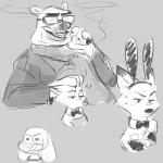 anthro clothed clothing crossdressing duo female fur male judylavernehopps disney zootopia judy_hopps koslov_(zootopia) nick_wilde bear canid canine fox lagomorph leporid mammal polar_bear rabbit red_fox true_fox ursine 1:1 2016 absurd_res hi_res monochrome sketch