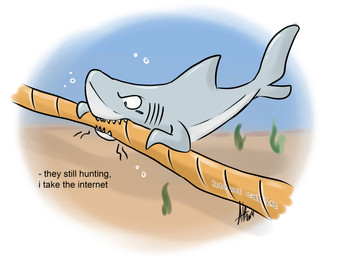ambiguous_gender angry biting_object border bubble feral fiber_optic gills grey_body grey_fin internet_cable seaweed shark_tail shark_teeth solo text toony underwater water white_border wire almiux19 aquatic fish shark 2014 english_text hi_res watermark