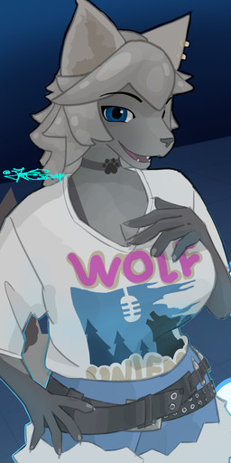 anthro belt blue_background blue_eyes bottomwear breasts bullet_casing choker clothing denim denim_bottomwear denim_clothing denim_shorts ear_piercing female fluffy footprint fur grey_body grey_fur grey_hair hair hand_on_breast hand_on_hip jewelry necklace pawprint piercing print_clothing print_shirt print_t-shirt print_topwear shirt shorts simple_background simple_coloring simple_eyes solo t-shirt topwear 3000eurosoap epic_games fortnite wolfie_(fortnite) canid canine canis mammal wolf 2025 hi_res shaded simple_shading sketch