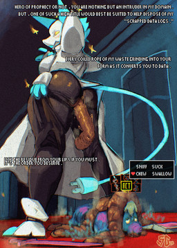 anthro between_legs butt dialogue dominant dominant_female feces feces_pile female machine male male/female pooping pooping_on_another scatplay standing submissive submissive_male text sheeplygoatus deltarune undertale_(series) tasque_manager darkner domestic_cat felid feline felis mammal robot species_request 2026 character_request english_text hi_res