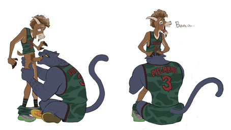 3_fingers 4_fingers animal_noises anthro anthro_on_anthro anthro_penetrated anthro_penetrating anthro_penetrating_anthro athletic_wear balls basketball_uniform black_clothing black_eyebrows black_footwear black_hooves black_socks black_text blush bodily_fluids bottomwear bottomwear_down brown_balls brown_body brown_ears brown_eyes brown_facial_hair brown_fur brown_glans brown_goatee brown_hair brown_penis brown_pubes brown_tail clothed clothing crossed_legs duo erection eye_contact eyebrows eyelashes facial_hair fellatio female female_penetrated fingers floppy_ears footwear fur genitals glans goatee green_bottomwear green_clothing green_eyes green_footwear green_shirt green_shoes green_shorts green_topwear grey_body grey_fur grey_spots grey_tail gym_bottomwear gym_shorts hair hand_on_head hoof_hands hooved_fingers hooves horizontal_pupils horn humanoid_genitalia humanoid_penis interspecies larger_female larger_male larger_penetrated looking_at_another looking_down looking_down_at_partner looking_pleasured looking_up_at_partner male male/female male_anthro male_penetrating male_penetrating_female markings melanistic multicolored_clothing multicolored_footwear multicolored_shoes muscular muscular_anthro muscular_female oral oral_penetration orange_clothing orange_footwear orange_shoes partially_clothed penetration penile penile_penetration penis penis_in_mouth pink_nose pink_tongue pubes pupils purple_clothing purple_footwear purple_shoes red_text sex sharp_teeth shirt shoes short_hair short_tail shorts shorts_around_ankles shorts_down simple_background sitting size_difference skinny skinny_anthro skinny_male sleeveless_shirt smaller_male sneakers snout socks sportswear spots spotted_arms spotted_body spotted_fur standing sweat sweaty_face tail tear_trough teeth text tongue tongue_out topwear two_tone_clothing two_tone_footwear two_tone_shoes uniform whiskers white_background white_horn white_sclera white_whiskers yellow_clothing yellow_footwear yellow_sclera yellow_shoes amugea goat_(movie) sony_corporation sony_pictures jett_fillmore will_harris bovid caprine felid goat leopard mammal pantherine 2026 absurd_res english_text hi_res