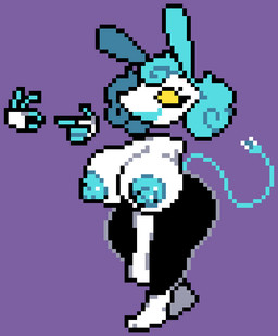 anthro big_breasts big_butt blue_hair blue_nipples breasts butt curly_hair female gesture hair huge_breasts nipples paws pose smile solo suggestive suggestive_gesture tail thick_thighs thighs_together white_body wide_hips yellow_eyes moronicpixels deltarune undertale_(series) tasque_manager lagomorph leporid mammal rabbit tasque digital_media_(artwork) pixel_(artwork)