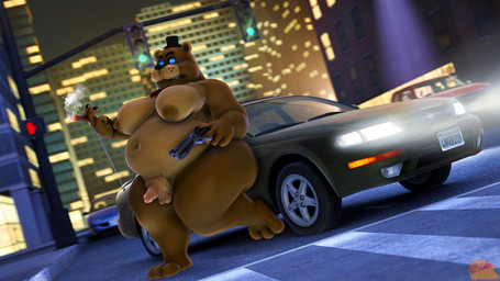 anthro areola balls belly big_belly big_moobs big_nipples black_claws blue_eyes brown_areola brown_body car cigar city claws genitals glowing glowing_eyes gun handgun holding_gun holding_object holding_ranged_weapon holding_weapon huge_belly huge_moobs humanoid_genitalia humanoid_penis larger_but_small leaning_on_object license_plate logo looking_at_viewer male moobs night nipples obese overweight penis public public_nudity ranged_weapon revolver sidewalk small_balls small_penis smoking smoking_cigar solo street thick_arms thick_thighs traffic_light vehicle weapon moonwulf five_nights_at_freddy's scottgames freddy_(fnaf) bear mammal 16:9 2026 3d_(artwork) artist_logo digital_media_(artwork) hi_res source_filmmaker_(artwork) widescreen