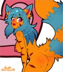 anthro areola arm_tuft blue_hair blush breasts butt elbow_tuft eyebrow_through_hair eyebrows female fluffy fluffy_ears fluffy_tail fur hair hands_on_legs hands_on_thighs leaning leaning_forward nipples nude nude_anthro nude_female open_mouth orange_body orange_fur pink_eyes solo stripes tail thick_outline translucent translucent_hair tuft softpawcafe felid feline mammal hi_res signature