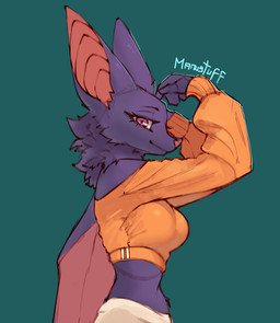 anthro back_wings bedroom_eyes big_ears bottomwear breasts clothing cropped_sweater eyebrows eyelashes female fur green_background looking_at_viewer medium_breasts midriff narrowed_eyes neck_tuft orange_clothing pink_eyes purple_body purple_fur seductive shoulderless_sweater simple_background small_waist smile solo sweater tight_clothing topwear touching_head tuft white_clothing wings manustuff bat mammal hi_res signature