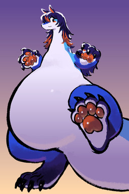 4_fingers 4_toes ambiguous_anthro ambiguous_gender anthro belly big_belly big_tail black_claws black_hair blue_body blue_fur blue_thighs blush claws contiguous_snout digitigrade featureless_crotch feet finger_claws fingers first_person_view flat_chested foot_focus frowning_at_viewer fur glistening glistening_pawpads gradient_background hair hair_over_eye highlights_(coloring) hindpaw huge_tail long_hair long_neck looking_at_viewer low-angle_view macro multicolored_body nervous no_navel nude_ambiguous nude_anthro orange_highlights orange_inner_ear orange_pawpads pawpads paws pear-shaped_figure pointy_ears simple_background slightly_chubby slightly_chubby_ambiguous slightly_chubby_anthro solo squiggle_mouth step_pose stepping_on_viewer tail thick_thighs toe_claws toes two_tone_body white_belly wide_hips serafphim mythology josh_(serafphim) ambiguous_species dragon equid equine horse hybrid mammal mythological_creature mythological_scalie scalie 2026 hi_res shaded soft_shading male_(lore)