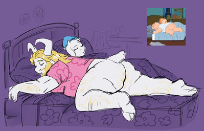 aloha_shirt anthro beard bed blonde_hair body_hair bottomless bottomless_anthro bottomless_male butt butt_hair clothed clothing duo facial_hair female fur furniture hair hairy horn humor male mature_male pattern_clothing pattern_shirt pattern_topwear screencap_redraw shirt sleeping topwear white_body white_fur sweetapplemur undertale_(series) asgore_dreemurr toriel bovid caprine goat mammal absurd_res hi_res