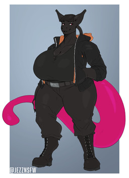anthro big_breasts black_body black_bottomwear black_clothing black_ears black_hat black_headwear black_lips black_pants black_topwear bottomwear breasts clothed clothing female female_anthro front_view grey_background hand_in_pocket hat headgear headwear huge_breasts jacket lips looking_aside magenta_tail mouth_closed open_clothing open_jacket open_topwear overweight overweight_anthro overweight_female pants pockets red_eyes simple_background solo standing topwear wide_hips jezzlen nintendo pokemon generation_1_pokemon legendary_pokemon mewtwo pokemon_(species) full-length_portrait hi_res portrait