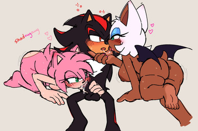 anthro anus balls bent_over big_breasts blush bodily_fluids breasts brown_body brown_nipples butt colored_nails eyelashes eyeshadow feet female fur genitals green_eyes group group_sex holding_face kissing makeup male male/female nails nipples nude nude_female nude_male oral penis pink_body pink_nails red_eyes saliva saliva_string sex sweat tail tan_body tan_butt tan_skin threesome trio vulva white_body white_fur wings eonbnnuy sega sonic_the_hedgehog_(series) amy_rose rouge_the_bat shadow_the_hedgehog bat eulipotyphlan hedgehog mammal