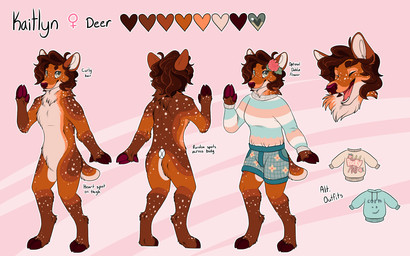 accessory anthro black_text blue_bottomwear blue_clothing blue_shorts blue_sweater blue_topwear bottomwear brown_body brown_fur brown_hair brown_hooves brown_nose clothing color_swatch countershade_fur countershading dahlia_(flower) female female_anthro female_symbol flat_chested flower flower_in_hair fur gender_symbol green_eyes hair hair_accessory hoof_hands hooves markings multicolored_clothing multicolored_sweater multicolored_topwear off/on open_mouth outline pattern_clothing pattern_sweater pattern_topwear pink_background pink_clothing pink_sweater pink_tongue pink_topwear plant scut_tail short_tail shorts simple_background smile snout solo spots spotted_body spotted_fur standing striped_clothing striped_sweater striped_topwear stripes sweater symbol tail teeth text tongue topwear unguligrade white_body white_clothing white_countershading white_fur white_inner_ear white_outline white_sweater white_topwear maligaytor deer mammal 16:10 2021 absurd_res character_name digital_drawing_(artwork) digital_media_(artwork) english_text flat_colors handwritten_text hi_res model_sheet paint_tool_sai_(artwork) widescreen