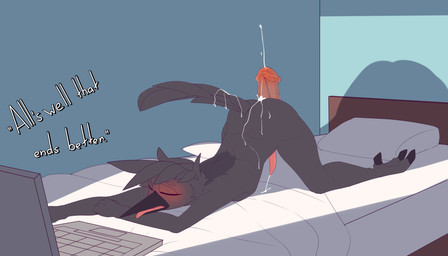 after_sex anal_orgasm animal_genitalia animal_penis anthro ass_up bed bedroom bedroom_eyes bodily_fluids computer cum cum_all_over cum_inside duo ejaculation electronics furniture genital_fluids genitals hands-free imminent_anal imminent_sex laptop looking_at_viewer lying male male/male male_anthro narrowed_eyes nude nude_anthro nude_male on_front orgasm penis seductive text chapaevv atlas_(chapaevv) avian bird corvid corvus_(genus) crow oscine passerine 2024 7:4 absurd_res digital_media_(artwork) hi_res