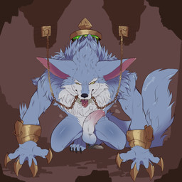 anthro balls big_penis bodily_fluids bound chain chained erection fur genital_fluids genitals male muscular muscular_male nude penis solo tail teeth gambasgilt league_of_legends riot_games tencent warwick_(lol) canid canine canis chimera mammal wolf 1:1 digital_media_(artwork) hi_res