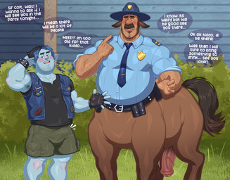 age_difference animal_genitalia animal_penis balls beanie beard blue_body blue_hair blue_skin blush bottomwear brown_hair bulge clothing dialogue duo equine_genitalia equine_penis facial_hair genitals grass hair hat headgear headwear humanoid_pointy_ears male male/male musclegut muscular muscular_male mustache not_furry penis plant pointy_ears police police_uniform shirt shorts size_difference speech_bubble tail text topwear uniform vein veiny_penis quuynart disney european_mythology greek_mythology mythology onward_(2020) pixar barley_lightfoot colt_bronco centaur elf equid equid_taur humanoid humanoid_taur mammal mammal_taur taur english_text hi_res stepfather_(lore) stepfather_and_stepchild_(lore) stepfather_and_stepson_(lore) stepparent_(lore) stepparent_and_stepchild_(lore) stepparent_and_stepson_(lore) stepson_(lore)