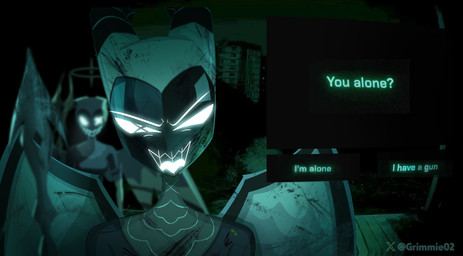 ambiguous_gender blurred_background dirty duo evil_face glistening_face glowing glowing_eyes horn looking_at_viewer mask melee_weapon night night_vision open_mouth outside peephole polearm question question_mark smile spear talking_to_viewer text threatening tongue weapon white_eyes white_tongue wings grimmie2 hazbin_hotel hellaverse no_i'm_not_a_human exorcist_(hazbin_hotel) angel angel_humanoid humanoid winged_humanoid 2025 absurd_res artist_name crossover digital_media_(artwork) hi_res signature