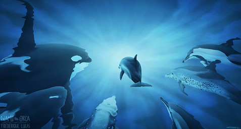 ambiguous_gender black_body black_fin blowhole dolphin_tail feral grey_body grey_fin group underwater water namu-the-orca aquatic cetacean dolphin mammal oceanic_dolphin orca toothed_whale 2016 black_and_blue monochrome watermark