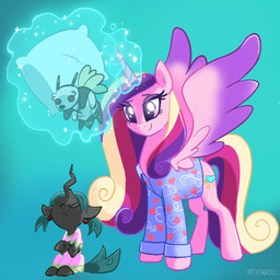 aged_down black_body clothing duo eyeshadow female fur grumpy heart_symbol horn makeup pajama_shirt pajamas pillow pink_body pink_fur plushie purple_eyes purple_eyeshadow wings pfeffaroo friendship_is_magic hasbro my_little_pony mythology bugbear_(mlp) princess_cadance_(mlp) queen_chrysalis_(mlp) arthropod bear bee bugbear changeling_(mlp) equid equine hybrid hymenopteran insect mammal mythological_creature mythological_equine winged_unicorn hi_res