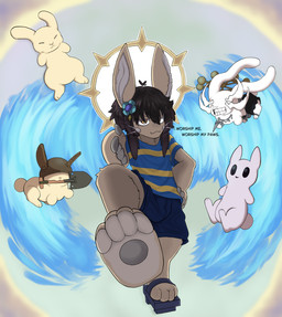 accessory anthro armor beckoning clothing dialogue feet feral floating flower flower_in_hair foot_fetish foot_focus footwear gesture group hair hair_accessory halo hand_gesture hand_on_hip headgear helmet male plant pointing pointing_at_viewer sandals shoes shovel smug tools wings hummyfluff earthbound_(series) jujutsu_kaisen made_in_abyss nintendo rain_world team_fortress_2 terraria valve videocult alex_the_narehate mahoraga soldier_(team_fortress_2) hybrid lagomorph mammal narehate slugcat hi_res