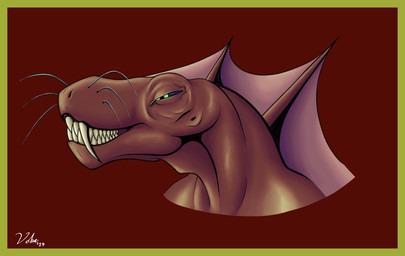 ambiguous_gender back_spikes bared_teeth border earhole fangs green_eyes long_snout narrowed_eyes neck_muscles purple_sclera red_background red_body red_skin sabertooth_(anatomy) sail_(anatomy) sharp_teeth simple_background snarling snout solo spikes spikes_(anatomy) teeth whiskers yellow_border voka earthward_bound eupelycosaur prehistoric_species rodinian synapsid tenarian therapsid bust_portrait hi_res portrait signature
