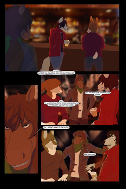 alcohol anthro bar beverage dialogue group male public text trio jager-darklite dandarkheart centzon jager_(jager-darklite) 2:3 absurd_res comic english_text hi_res multiple_scenes