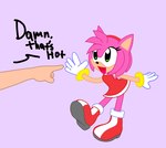 accessory anthro boots bracelet clothing dialogue dress duo female footwear funny_face fur gesture gloves green_eyes hair_accessory hairband hand_gesture handwear humor jewelry pink_body pink_fur pointing shoes smile text thin_calves thin_legs thin_thighs waving mark_m sega sonic_the_hedgehog_(series) amy_rose eulipotyphlan hedgehog mammal english_text hi_res