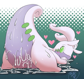 ambiguous_gender blush butt featureless_crotch green_eyes halftone_background heart_symbol looking_at_viewer looking_back lying on_front pattern_background raised_tail simple_background slime solo tail m@rt mythology nintendo pokemon dragon gastropod generation_6_pokemon goodra mollusk mythological_creature mythological_scalie pokemon_(species) scalie halftone hi_res