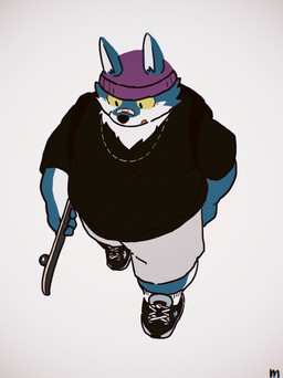 anthro backpack band-aid bandage black_nose bottomwear clothing hat headgear headwear holding_object holding_skateboard kemono male overweight overweight_male shirt shorts simple_background skateboard solo topwear vehicle uokkom canid canine canis mammal wolf 2021 absurd_res hi_res