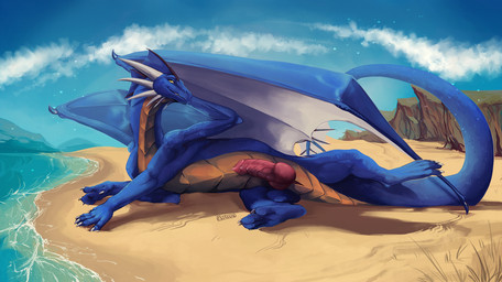 animal_genitalia athletic athletic_feral athletic_male beach blue_body erection facial_spikes feral genital_slit genitals knot knotted_penis looking_at_viewer lying male male_feral membrane_(anatomy) membranous_wings on_side outside penis pink_penis smile solo spikes spikes_(anatomy) tail tan_body teeth water wings yellow_eyes i-psilone mythology dragon mythological_creature mythological_scalie scalie 2020 hi_res