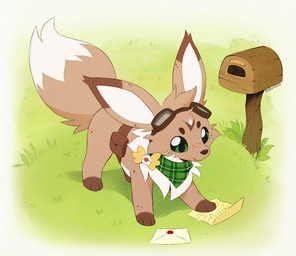 ambiguous_gender badge brown_body brown_fur clothing countershade_torso countershading dipstick_tail explorer_badge eyewear feet feral front_view fur goggles grass green_eyes hair letter mailbox markings open_mouth outside pattern_clothing pattern_scarf plaid plaid_clothing plaid_scarf plant quad reading scarf solo standing tail tail_markings text toes tongue aseethe nintendo pokemon pokemon_mystery_dungeon spike_chunsoft eevee generation_1_pokemon pokemon_(species) 2026 digital_drawing_(artwork) digital_media_(artwork) japanese_text