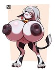 animal_print animal_print_thigh_highs anthro areola big_breasts biped breasts claws clothing cow_print cow_print_thigh_highs cowbell ear_piercing ear_tag fake_horns female genitals hair huge_breasts hyper hyper_breasts legwear nipples pattern_clothing pattern_legwear pattern_thigh_highs paws piercing solo tail thigh_highs vulva freckles_(artist) helluva_boss loona_(helluva_boss) canid canine mammal digital_media_(artwork) graphite_(artwork) hi_res mixed_media traditional_media_(artwork)