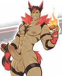 abs alternate_species animal_humanoid balls clothing digital_media_(artwork) erection fire flat_colors gasaiv generation_7_pokemon genitals gijinkafied gloves grin handwear hi_res human humanized humanoid incineroar male mammal markings muscular muscular_humanoid muscular_male nintendo nipples nude penis pokeball pokemon pokemon_(species) smile solo standard_pokeball tail tail_grab teeth tuft yellow_eyes