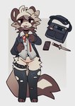 anthro bag bottomless brown_body brown_fur clothed clothing dagger electronics featureless_crotch fur jacket knife legwear lgbt_pride male melee_weapon nonbinary_pride_colors phone pride_colors simple_background solo standing stockings topwear weapon white_background rueghost marsh_(ruedeath) domestic_ferret mammal mustelid musteline true_musteline weasel hi_res