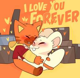 anthro blue_eyes bodily_fluids box buckteeth container crying duo fangs fur hug orange_body orange_fur red_eyes tail_wrapping tears tears_of_joy teeth crushpepper oxynard pepper_(crushpepper) felid feline mammal absurd_res hi_res