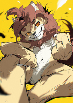 4_fingers amber_eyes amber_pupils anthro arm_on_knee beckoning biped brown_eyebrows brown_hair brown_mane brown_pawpads claws closed_smile countershade_face countershade_fur countershade_torso countershading eyebrows fangs finger_claws fingerpads fingers foreshortening front_view fur gesture hair inner_ear_fluff looking_at_viewer male mane mouth_closed multicolored_body multicolored_fur nude nude_anthro nude_male pawpads pupils ringed_iris simple_background sitting slit_pupils smile smiling_at_viewer solo tail tan_body tan_fur teeth toothy_grin tuft two_tone_body two_tone_fur white_body white_claws white_countershading white_fur white_inner_ear_fluff white_sclera yellow_background chiayeeee felid lion mammal pantherine 2025 chromatic_aberration digital_drawing_(artwork) digital_media_(artwork) full-length_portrait hi_res portrait