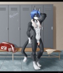 abs anthro balls barefoot bench biceps biped black_bars black_body black_fur blue_hair casual_nudity circumcised countershading feet femboy flaccid fur genitals hair humanoid_genitalia humanoid_penis inside leg_markings locker locker_room looking_at_viewer male markings multicolored_body multicolored_fur muscular muscular_anthro muscular_femboy muscular_male navel nude paws pecs penis pose small_penis socks_(marking) solo standing tail towel towel_around_neck two_tone_body two_tone_fur white_balls white_body white_fur eldiman mashuu felid mammal 2011 digital_media_(artwork) hi_res letterbox pinup