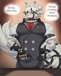 anthro ascot bulge butler clothed clothing fingerless_gloves fur gloves handwear harness leather leather_harness male muscular pecs solo text topwear vest white_body white_fur khanosera mihoyo zenless_zone_zero von_lycaon canid canine canis mammal wolf english_text hi_res