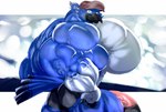 anthro beak big_muscles big_pecs blue_body clothing countershading erection fist genitals green_eyes hat headgear headwear huge_muscles huge_pecs hyper hyper_muscles hyper_pecs looking_at_viewer male muscular pecs penis red_penis side_view smile solo underwear vein veiny_penis white_body white_countershading panscolipede avian bird corvid jay_(bird) oscine passerine 2022 hi_res