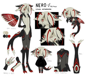 4_ears 5_fingers :< antennae_(anatomy) anthro black_body black_clothing black_feathers black_highlights black_sweater black_tail black_topwear black_wings brown_body brown_feathers brown_highlights brown_markings chibi chibi_inset claws closed_smile clothing color_swatch countershading dipstick_tail ear_markings feather_markings feathers fingers forked_tail gloves_(marking) hair highlights_(coloring) leg_markings male markings mouth_closed multi_ear multicolored_body multicolored_ears multicolored_feathers multicolored_hair multicolored_tail multicolored_wings navel nude_anthro nude_male pronouns red_antennae red_body red_claws red_eyes red_feathers red_markings red_tail red_wings ribs simple_background skinny smile socks_(marking) solo sweater tail tail_markings tan_body tan_countershading tan_ears tan_feathers tan_hair tan_tail tan_tail_tip tan_wings text topwear unusual_anatomy unusual_tail wavy_mouth white_background wings jejejunum nero_(charbroiler) nethermare absurd_res english_text hi_res model_sheet multiple_images