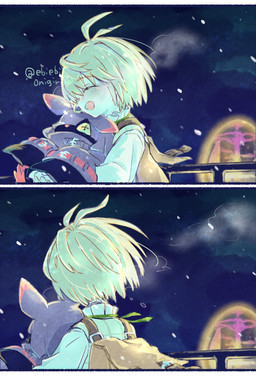 anthro blonde_hair cloak clothing cowl duo hair hug male night pupils smile snow unusual_pupils wings yellow_eyes ebiebionigiri bandai_namco digimon makoto_kuonji chiropmon digimon_(species) human mammal comic hi_res